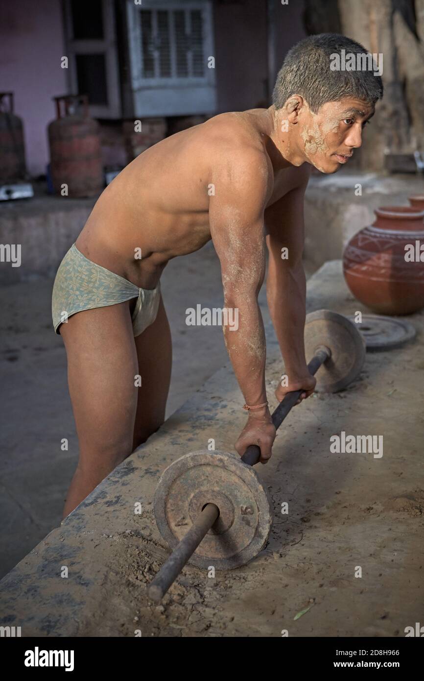 Delhi, India, May 2012.  Kushti wrestler in the akhara in his daily training. Stock Photo