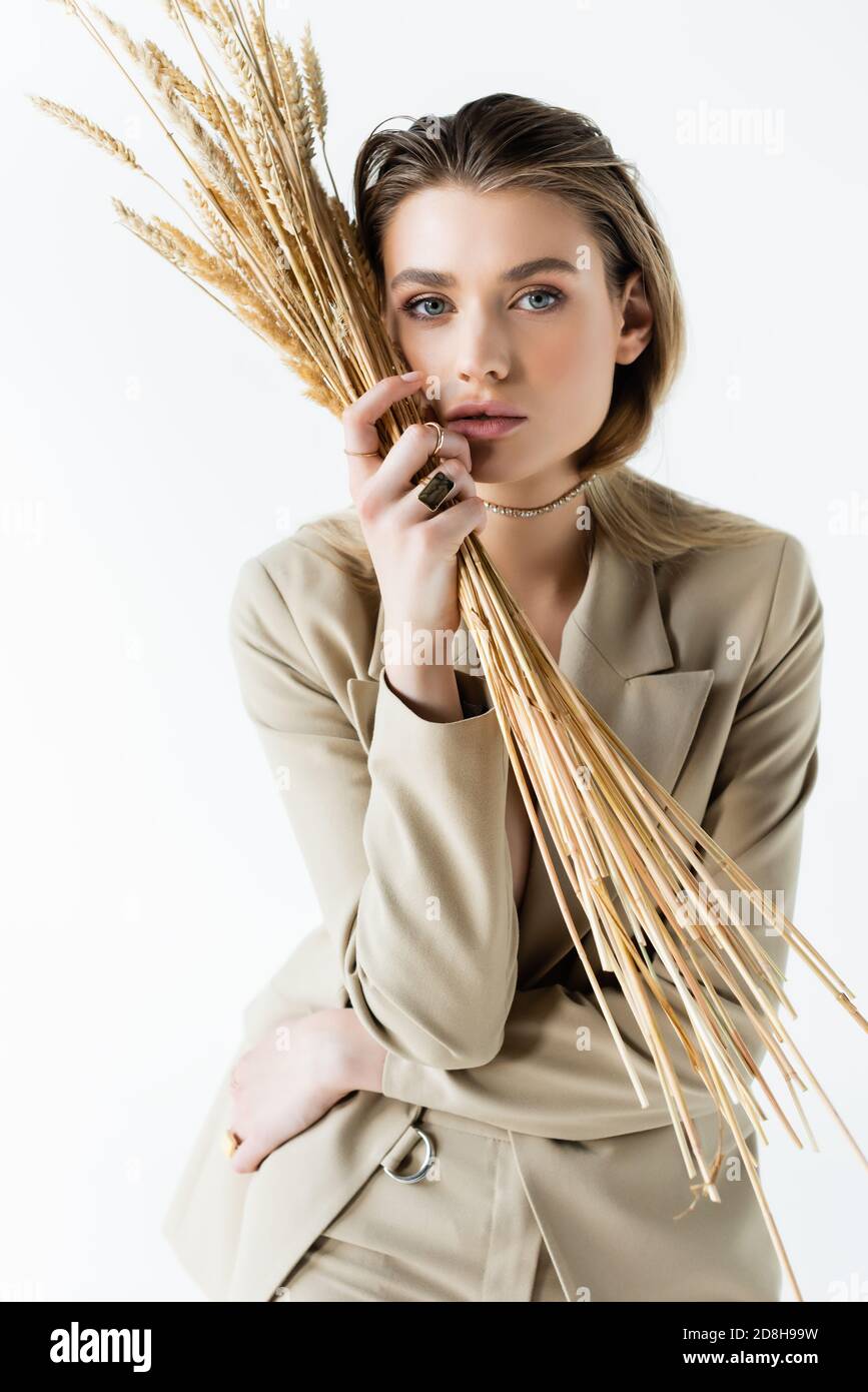 young model in suit holding wheat spikelets on white Stock Photo