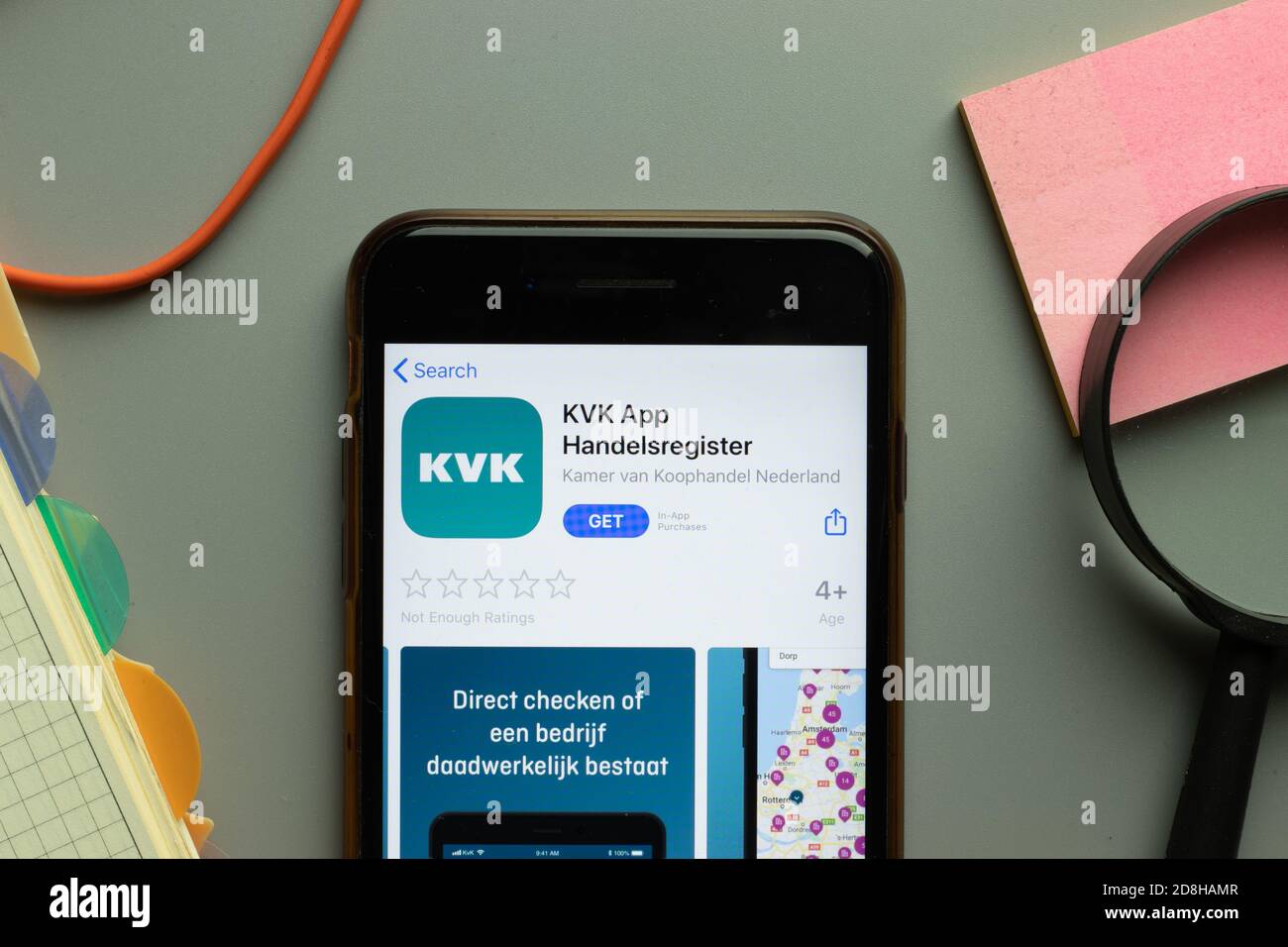 New York, USA - 26 October 2020: KVK App Handelsregister mobile logo on phone screen close up, Illustrative Editorial Stock Photo