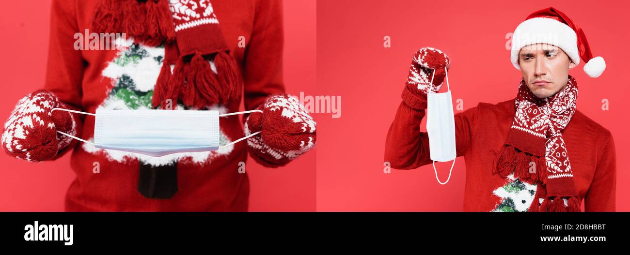 Collage of sad man in santa hat and mittens holding medical mask isolated on red, banner Stock Photo