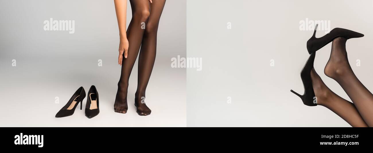 Collage of woman standing and touching leg, wearing black tights and shoes with heels on grey, banner Stock Photo