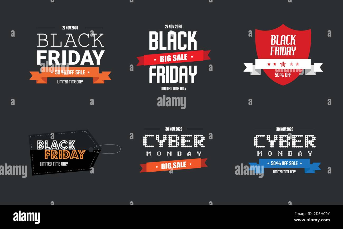 Black Friday and Cyber Monday 2020 sale badges templates set. Vector illustration of Black Friday promotion label concept Stock Vector