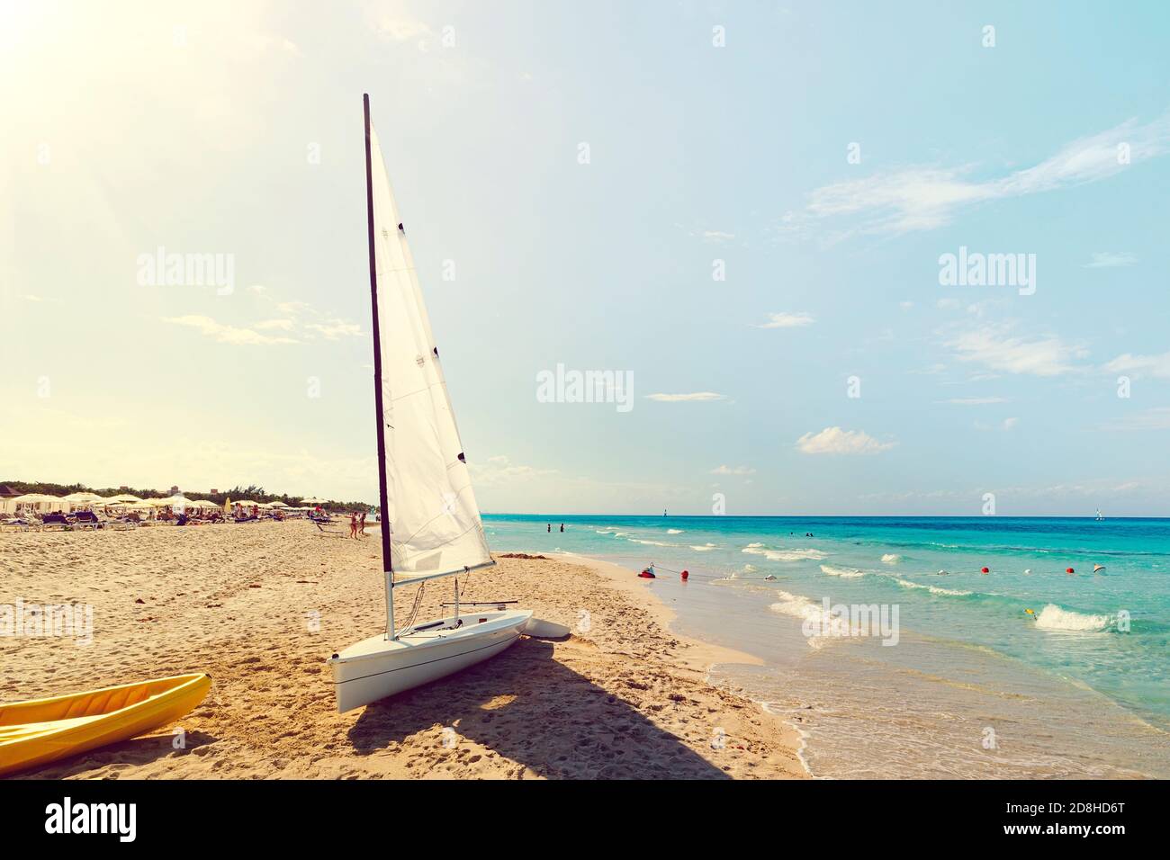 Beautiful seascape with clear turquoise water. sailing ships are parked on the sand. beautiful beach of Varadero in Cuba on a sunny summer day Stock Photo