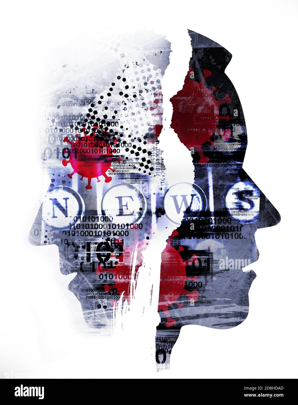 Bad news, Pandemic of coronavirus,. Male heads, grunge expressive composition of stylized silhouettes shown in profile with NEWS lettering. Stock Photo