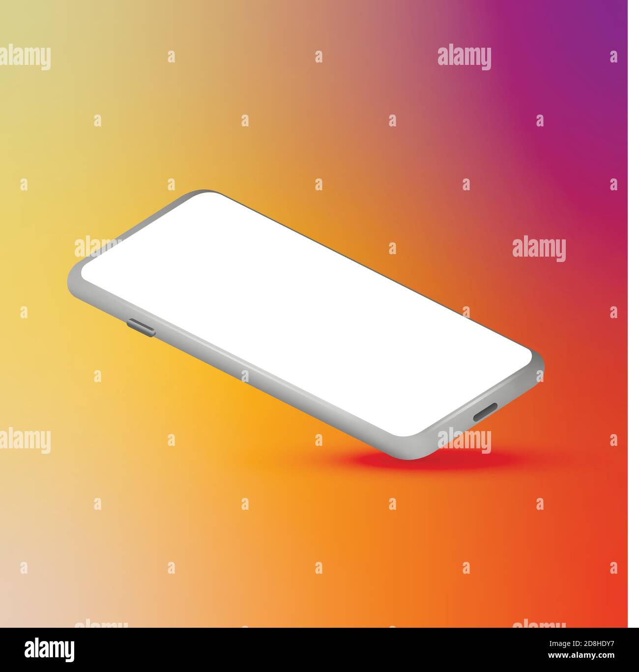 Mobile phone with blank screen. Silver smartphone 3D perspective view. Colorful gradient mesh background. Template for graphic design presentation Stock Vector