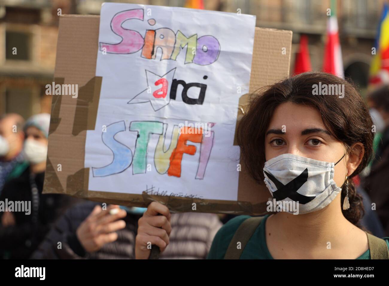Turin, Italy. 30th Oct, 2020. People working in the cultural and entertainment sector demonstrate with facemasks to highlight the plight facing the entertainment industry and its workers brought about by the COVID-19 pandemic. Credit: MLBARIONA/Alamy Live News Stock Photo