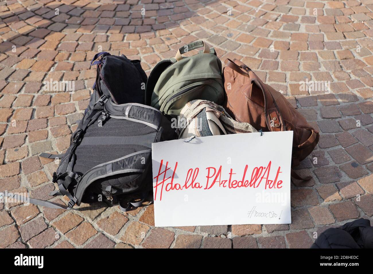 Turin, Italy. 30th Oct, 2020. Backpacks of people working in the cultural and entertainment sector demonstrating to highlight the plight facing the entertainment industry and its workers brought about by the COVID-19 pandemic. Credit: MLBARIONA/Alamy Live News Stock Photo