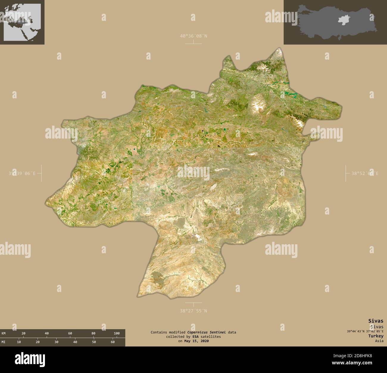 Sivas Map Sivas, province of Turkey. Sentinel-2 satellite imagery. Shape isolated ...