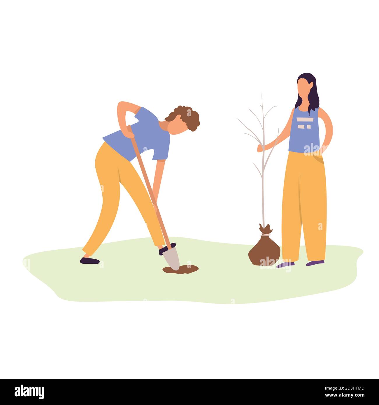 A young man and woman plant a tree. Gardening, garden tools, spring. Couple planting a seedling. Flat cartoon vector illustration. Stock Vector