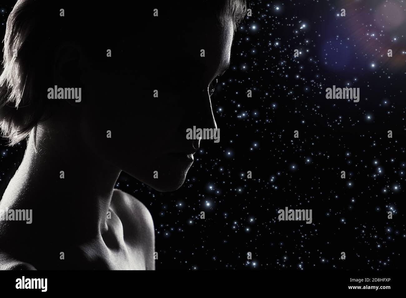 sad woman profile silhouette on black background with copy space, closed  eyes, monochrome Stock Photo - Alamy