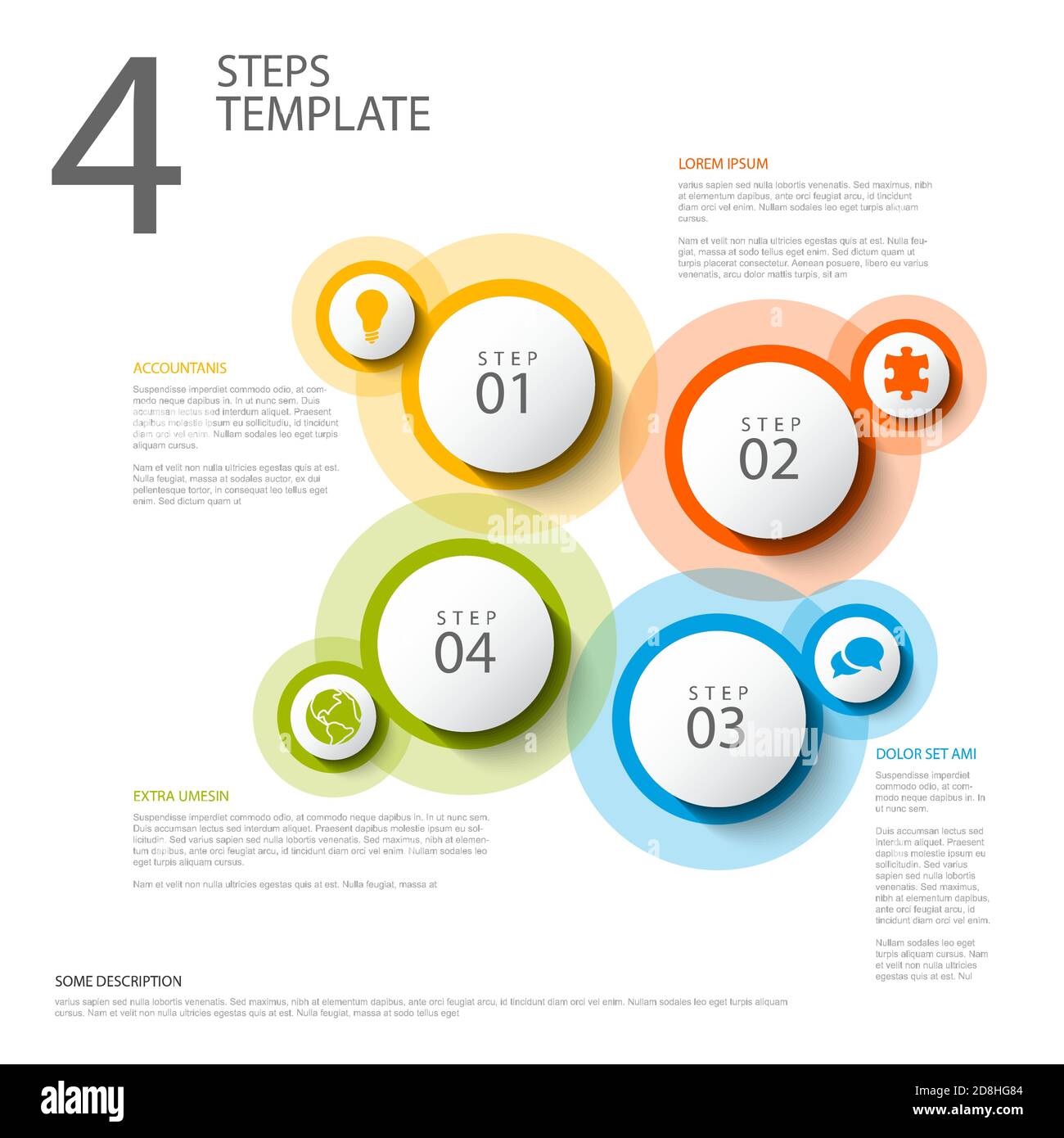 Vector light progress steps template with descriptions, icons and circles Stock Vector