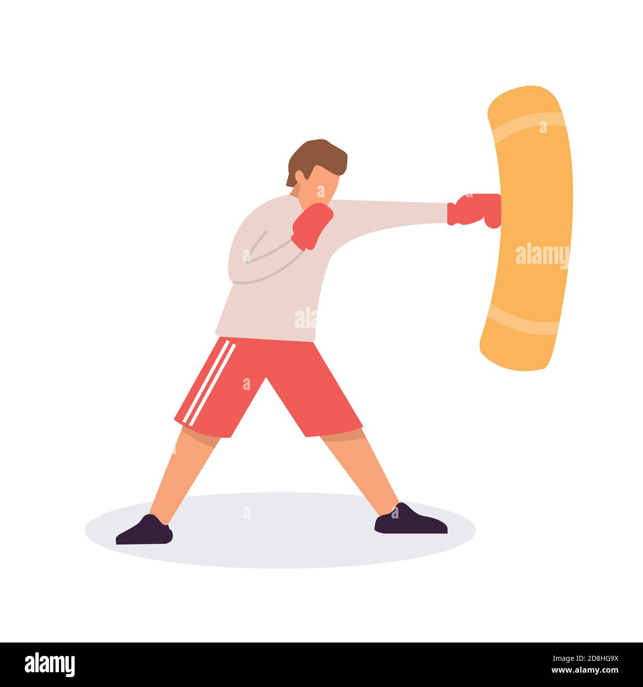 Man in boxer gloves exercising with punching bag in gym. Sporty man during boxing training at gym, flat vector illustration Stock Vector