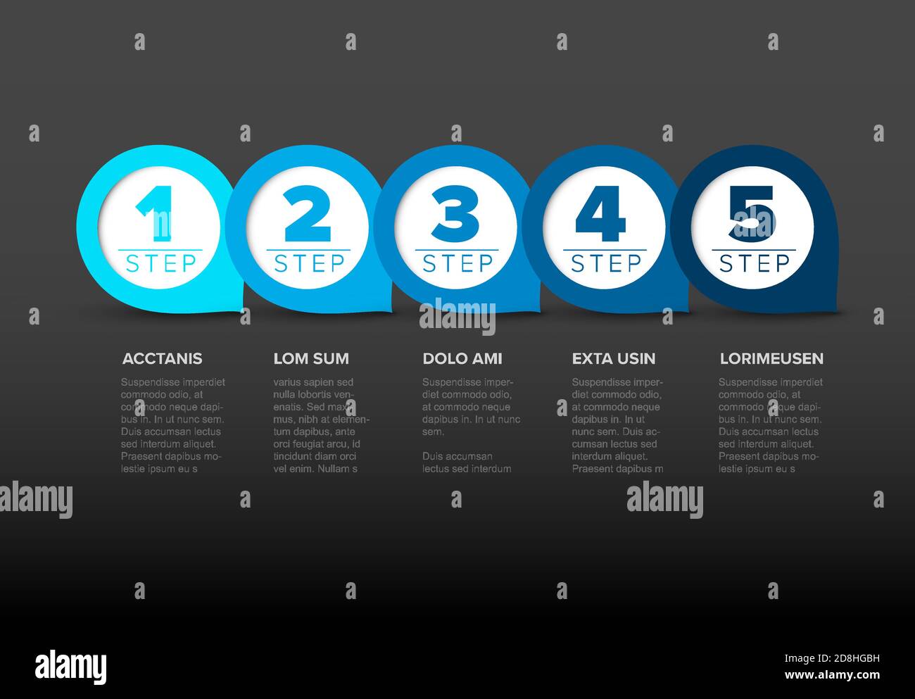 One two three four five - vector progress template with five blue steps and description - dark version Stock Vector