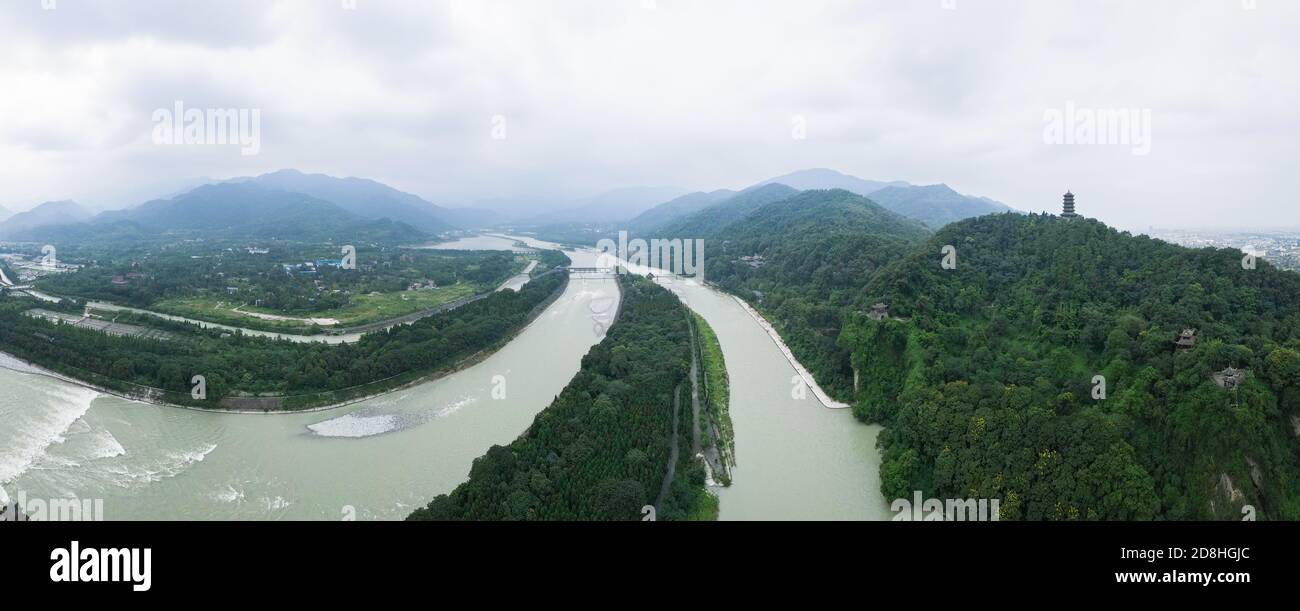 An aerial view of the Dujiangyan, an ancient irrigation system