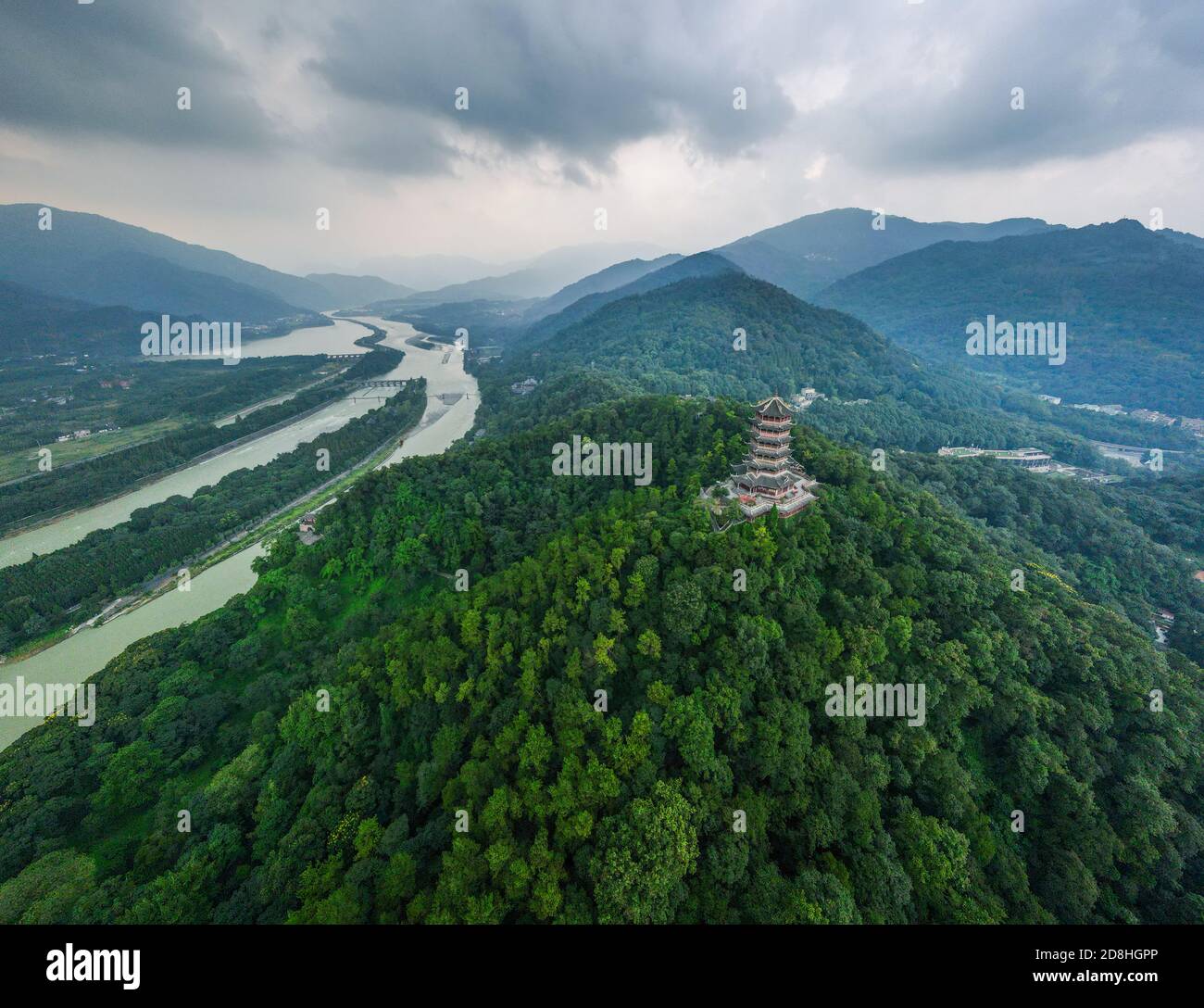 An aerial view of the Dujiangyan, an ancient irrigation system