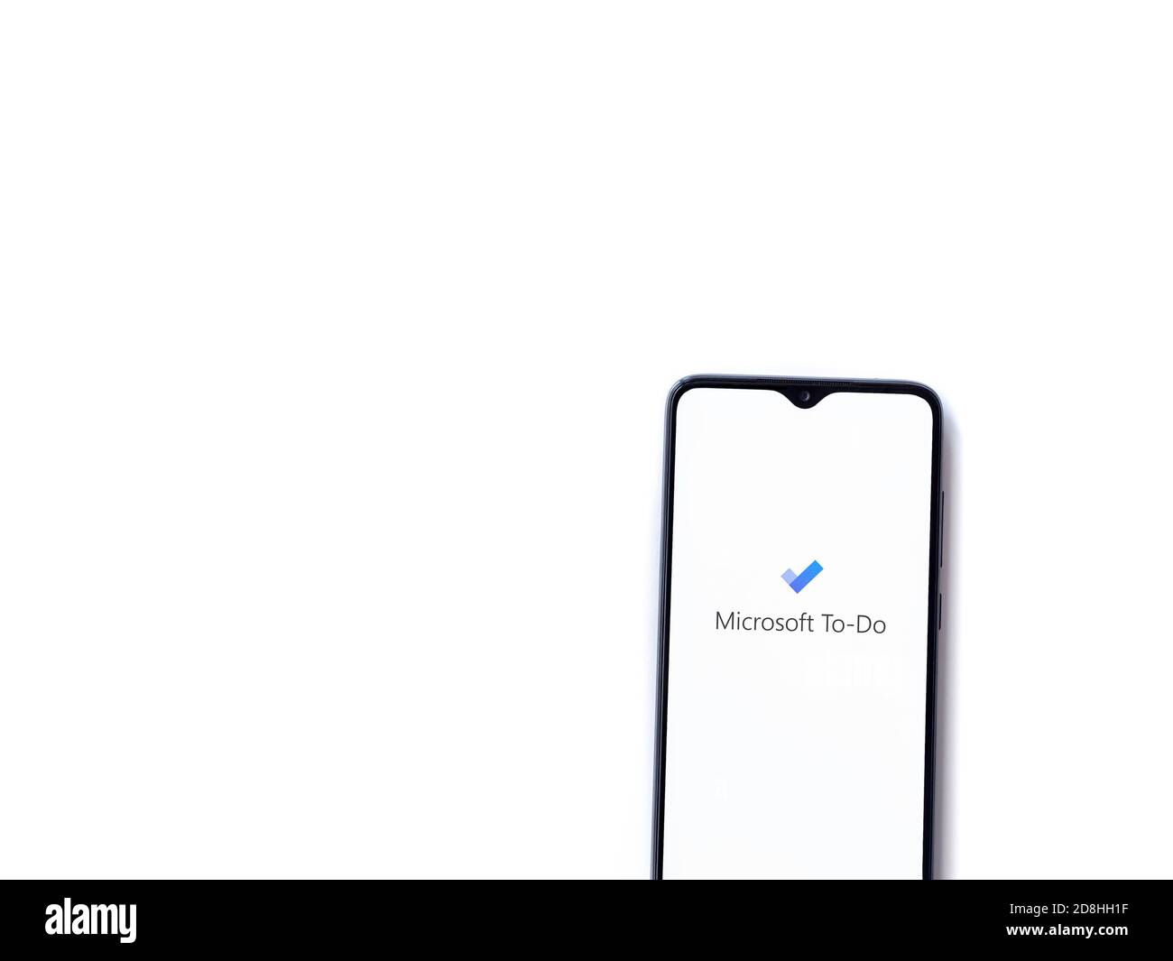 Lod, Israel - July 8, 2020: Microsoft To Do app launch screen with logo on the display of a black mobile smartphone isolated on white background. Top Stock Photo