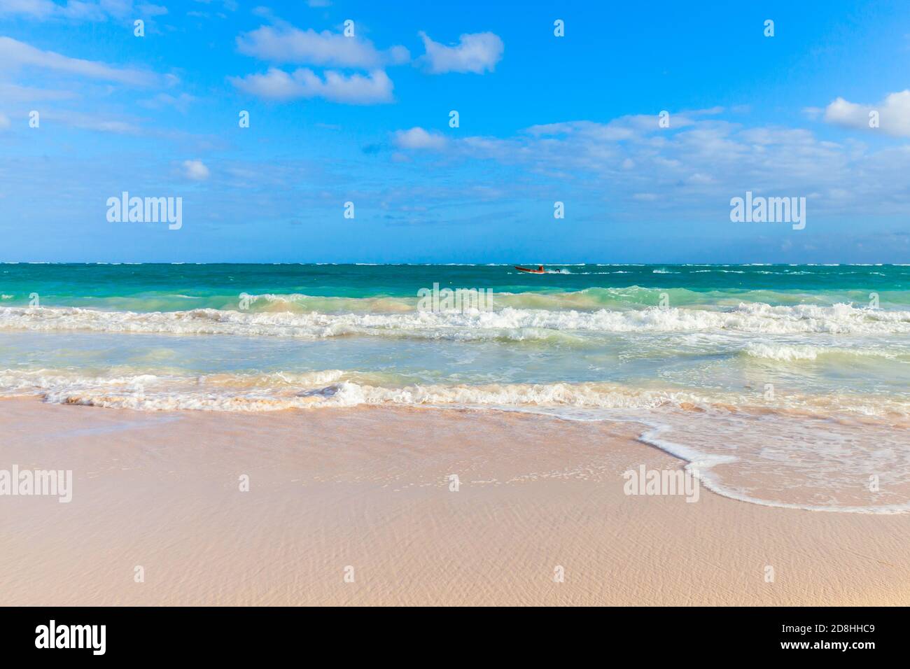 Empty beach. Coastal landscape at sunny day. Atlantic ocean coast, Dominican republic. Punta Cana beach Stock Photo