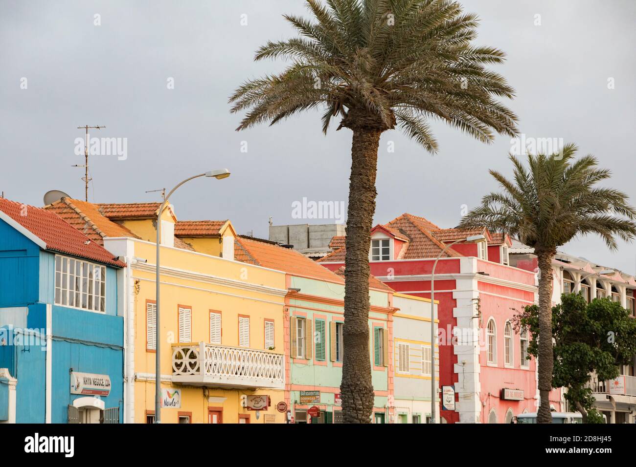 The vibrant city of Mindelo, Sao Vicente, Cape Verde is marked by colorful buildings and colonial architecture. Stock Photo