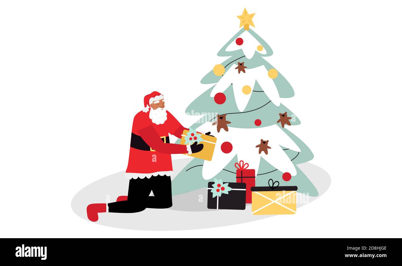 Santa Claus Put Ts Under The Christmas Tree Winter Vector Illustration Stock Vector Image 