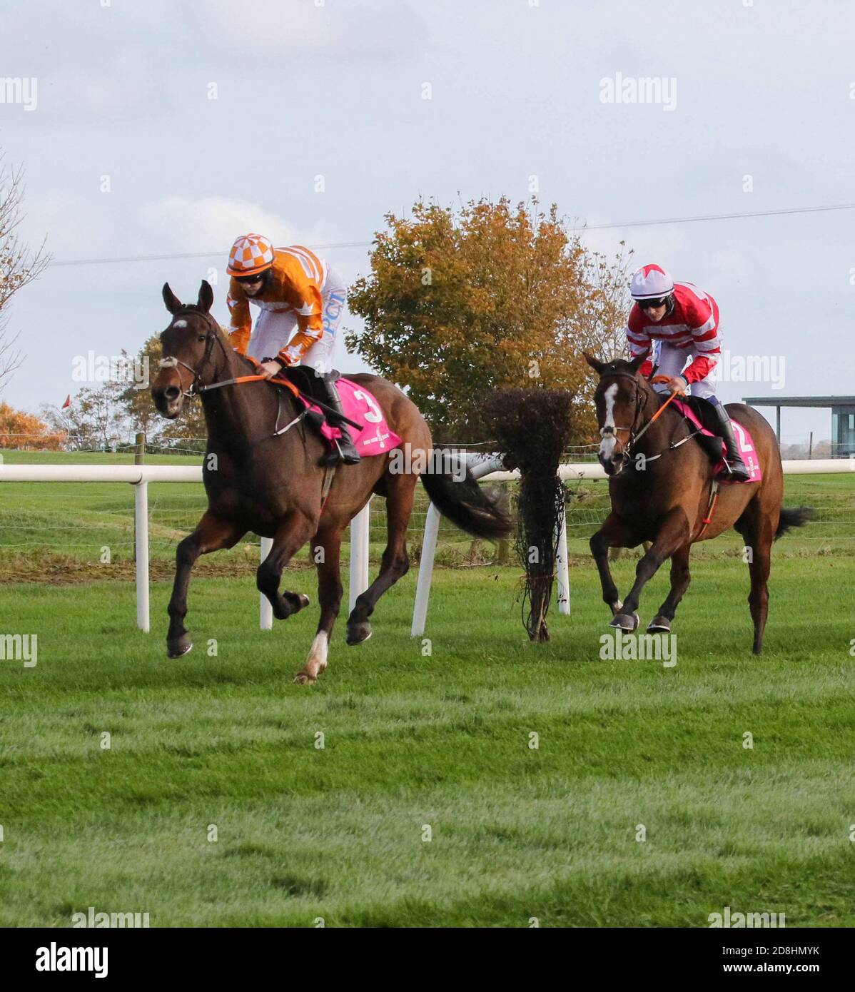 Down Royal Racecourse, Lisburn, Northern Ireland. 30 Oct 2020. The Ladbrokes Festival of Racing (Day 1) got underway today. The feature race of the day was the WKD Hurdle (Grade 2) with just under £36,000 for the winner. The race was won by Aspire Tower (3 – orange top) ridden by Rachael Blackmore and trained by H de Bromhead. Credit: CAZIMB/Alamy Live News. Stock Photo