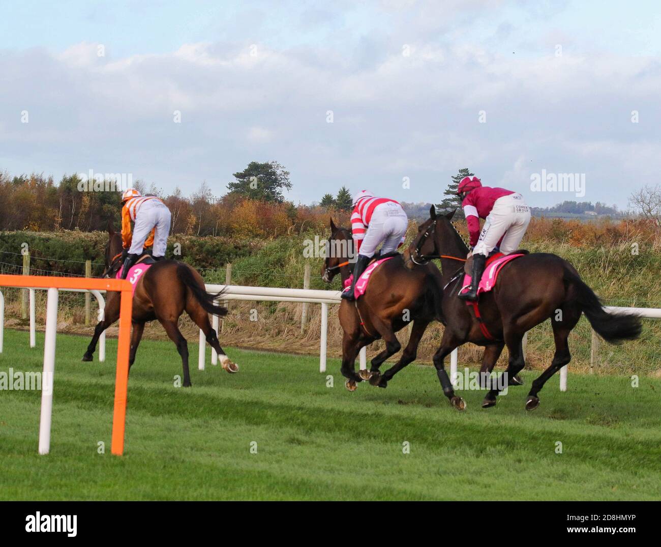 Down Royal Racecourse, Lisburn, Northern Ireland. 30 Oct 2020. The Ladbrokes Festival of Racing (Day 1) got underway today.The feature race of the day was the WKD Hurdle (Grade 2) with just under £36,000 for the winner. The race was won by Aspire Tower (3 – orange top) ridden by Rachael Blackmore and trained by H de Bromhead. Credit: CAZIMB/Alamy Live News. Stock Photo