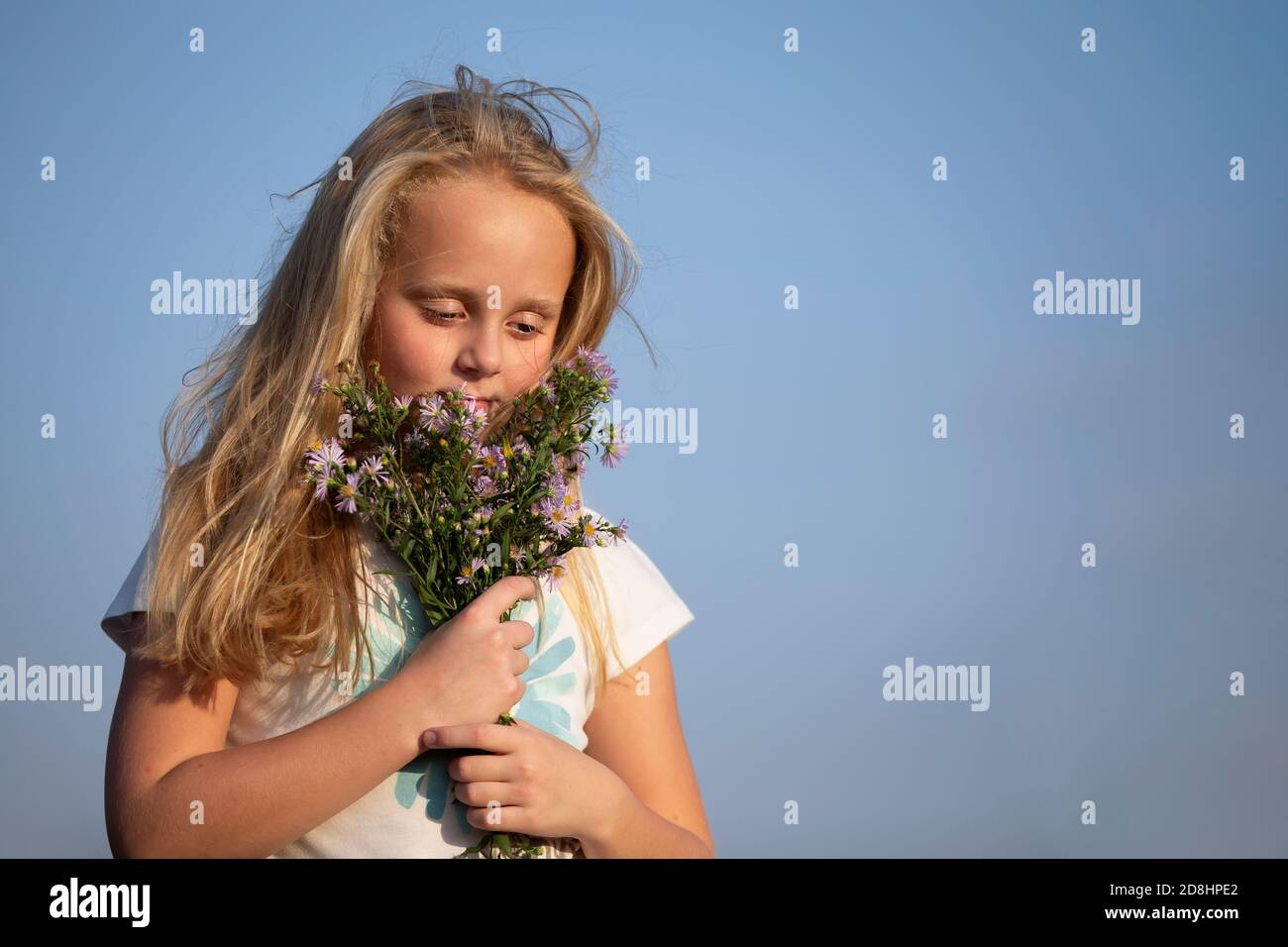 Beautiful little girl with a bouquet of wild flowers against the sky ...