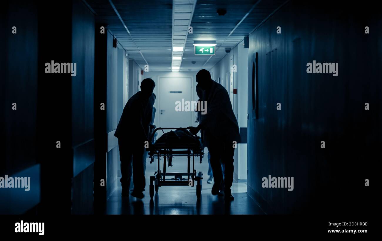 Emergency Department: Silhouettes of Doctors, Nurses and Paramedics Run and Push Gurney Stretcher with Seriously Injured Patient towards the Operating Stock Photo
