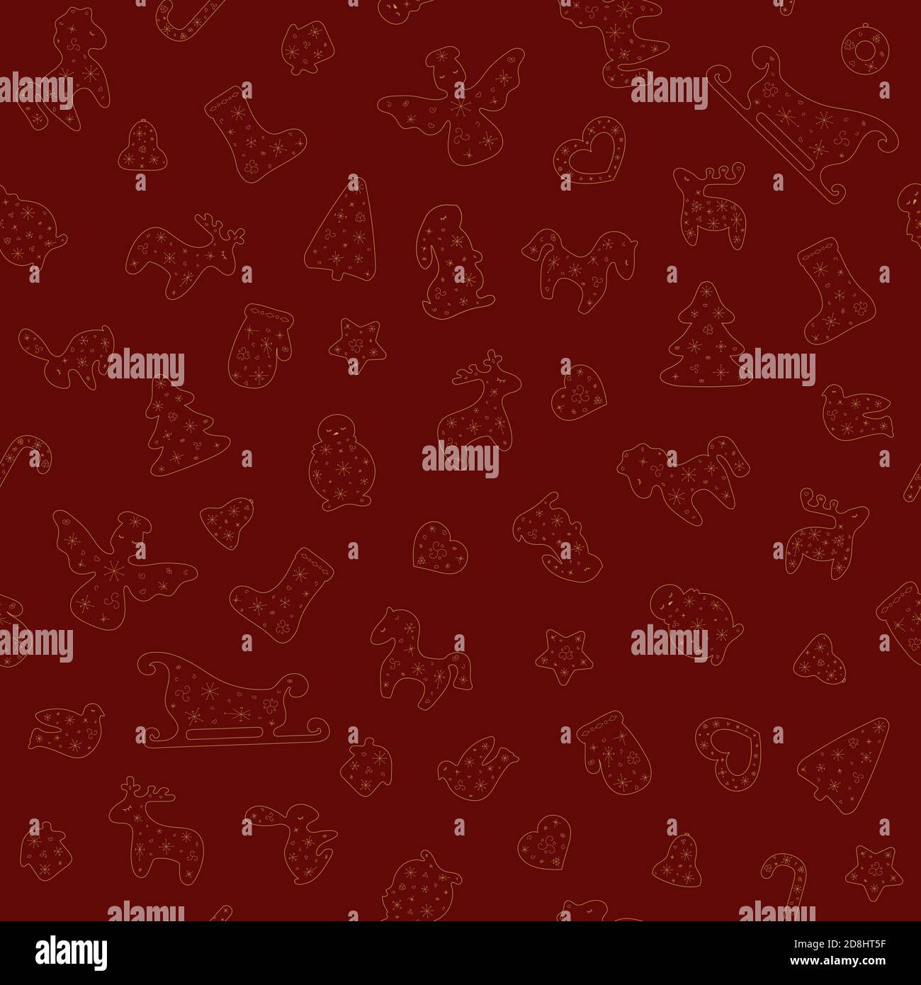 Christmas seamless transparent golden pattern on dark red background. Vector illustration with stylized deer, hors, tree, rabbit, angel, snowman, sock Stock Vector