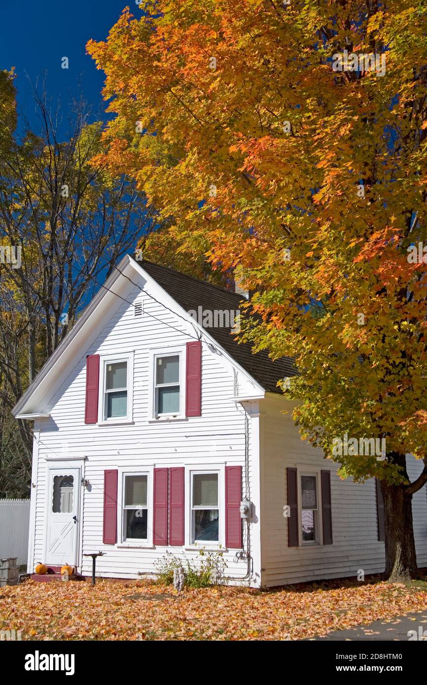 Fall Color & House in Belmont, New Hampshire, New England, USA Stock Photo