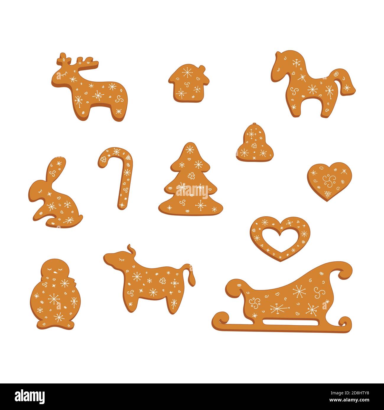 Big set of gingerbread cookies. Decorative gingerbread deer, hors, christmas tree, house, rabbit, candy cane, bell, heart, snowman, bull and sleigh wi Stock Vector