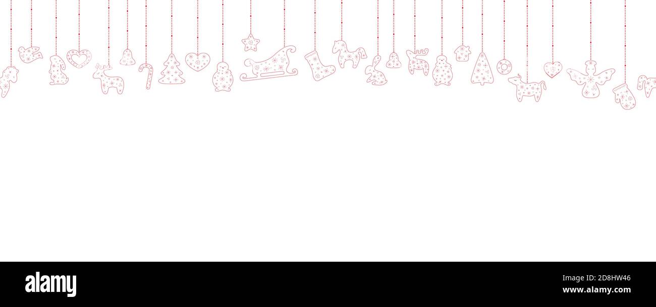 Christmas decorations seamless border. Ornaments hanging with different shapes such as deer, hors, tree, rabbit, angel, snowman, sock, mitten, heart, Stock Vector
