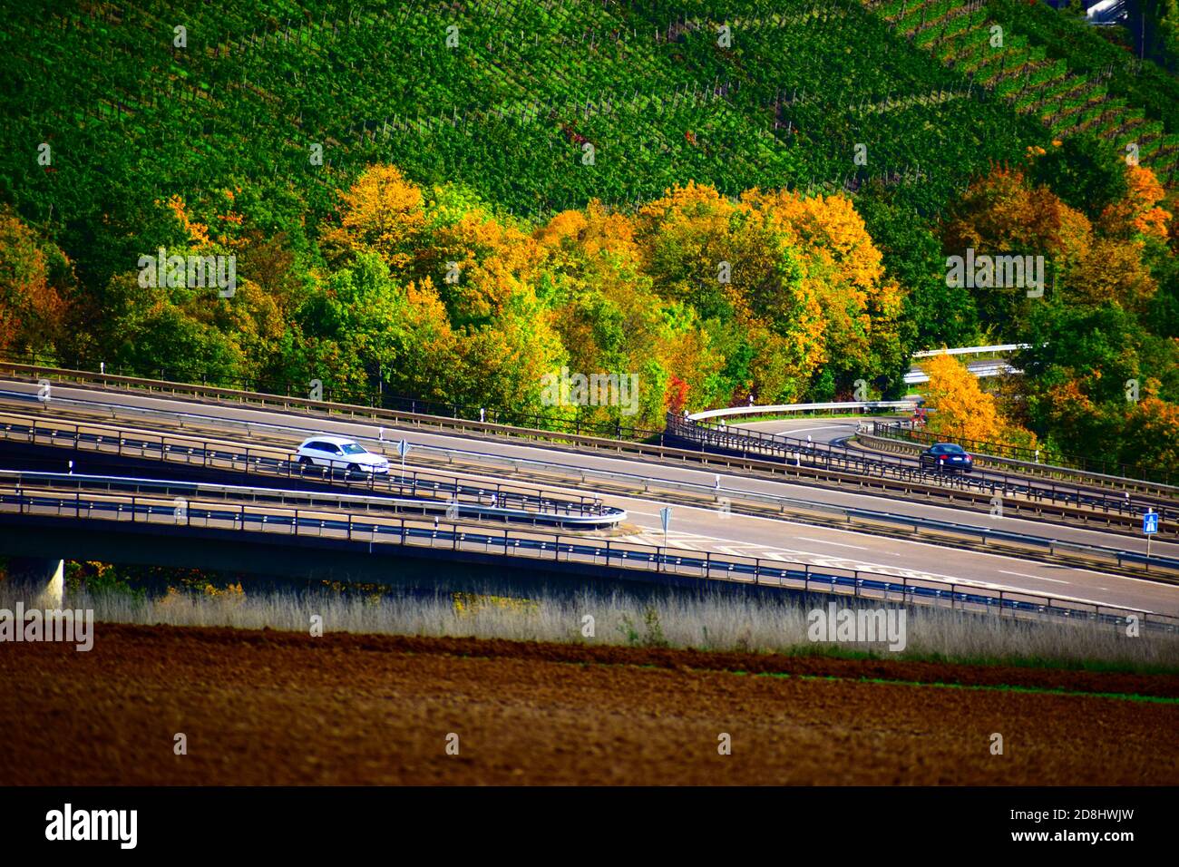 autumn landscape in the lower Ahr valley with colorful vineyards hills around Bad Neuenahr-Ahrweiler Stock Photo