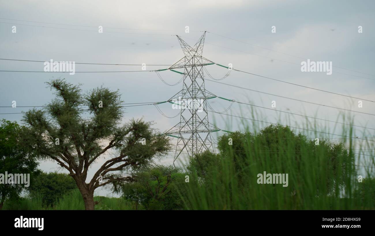 power transmission in a natural landscape with trees and sky Stock Photo
