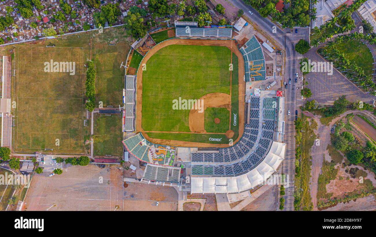 Aerial view of the Emilio Ibarra Almada stadium, home of the professional  baseball team Los Cañeros de los Mochis of the Mexican Pacific League on  October 30, 2020 in Los Mochis, Sinaloa