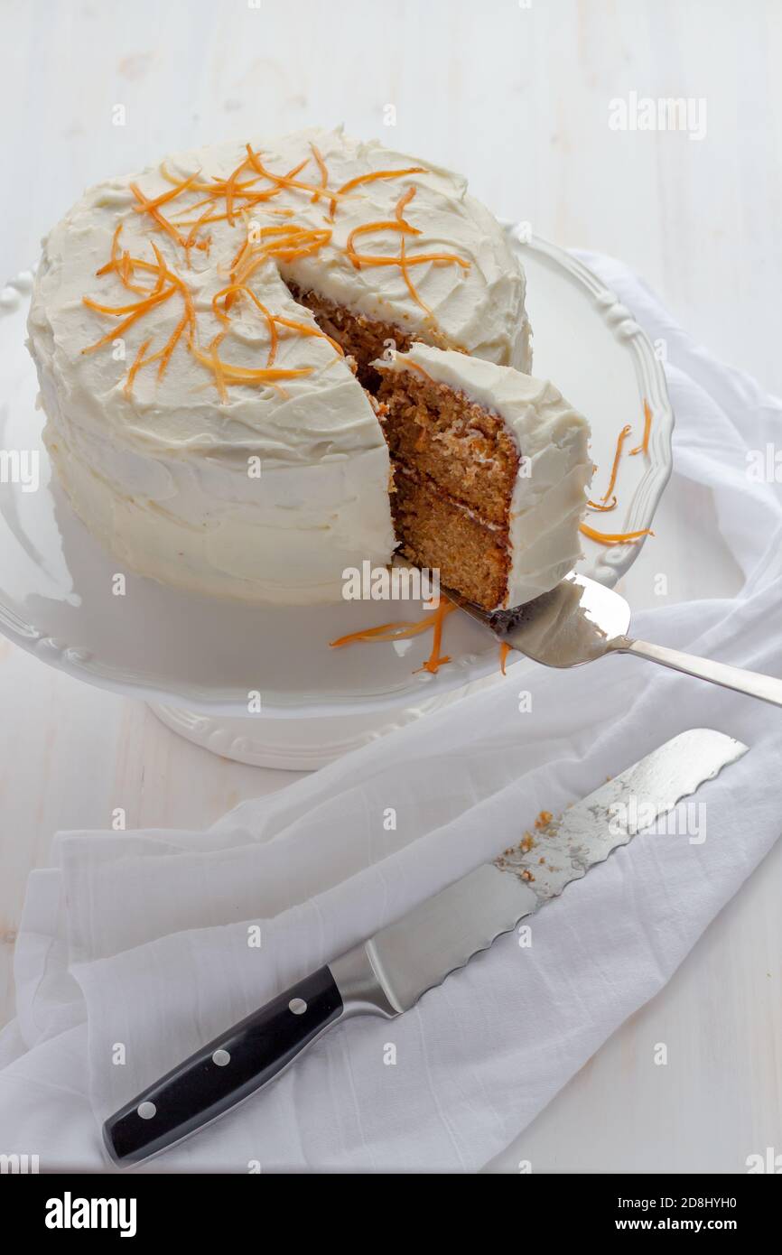 Home baked carrot cake with cream cheese frosting Stock Photo
