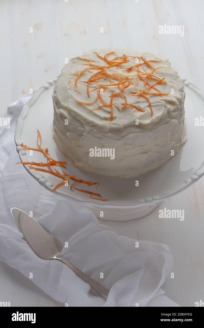 Home baked carrot cake with cream cheese frosting Stock Photo