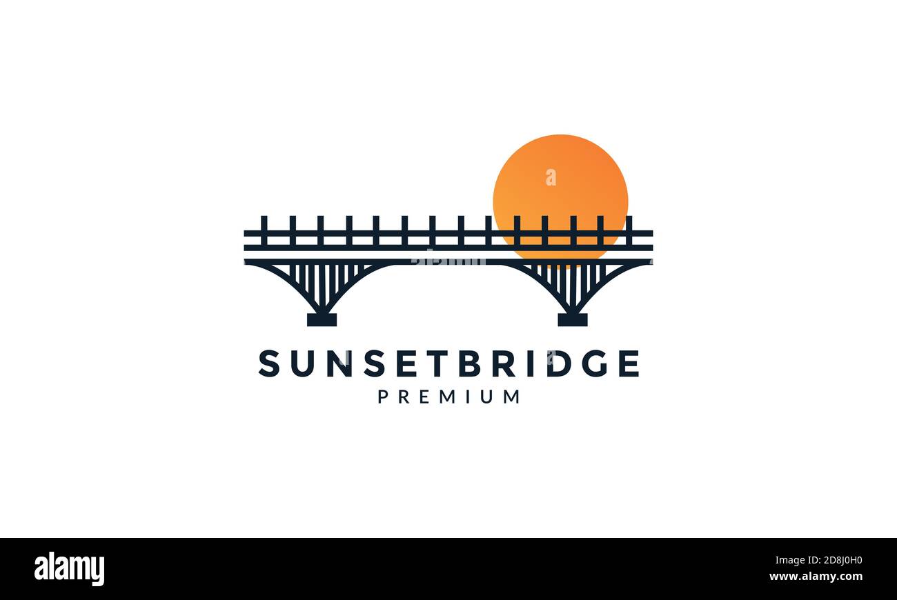 bridge with sunset line outline logo vector icon design Stock Vector