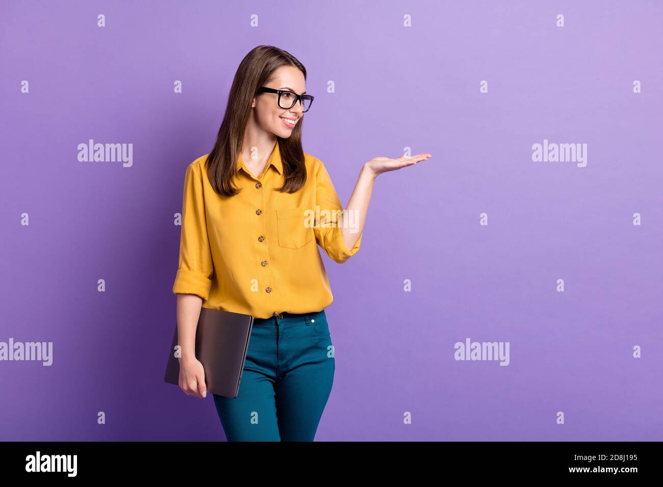 Photo of lovely girl hold netbook hand 