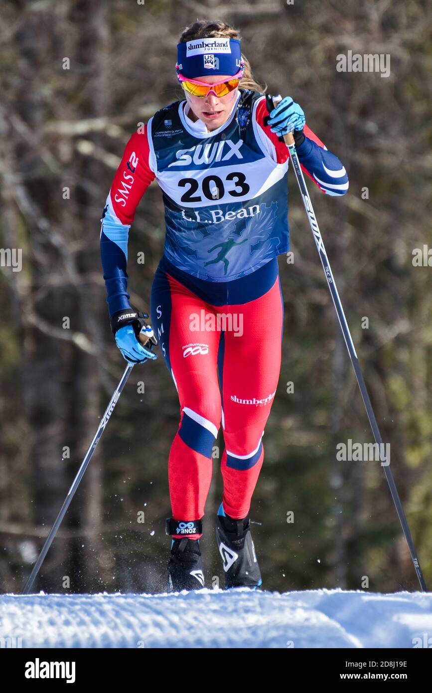 Olympic gold medalist Jessie Diggins, classic skiing during the US Super Tour finals 2018, Craftsbury, VT, Outdoor Center, USA. Stock Photo
