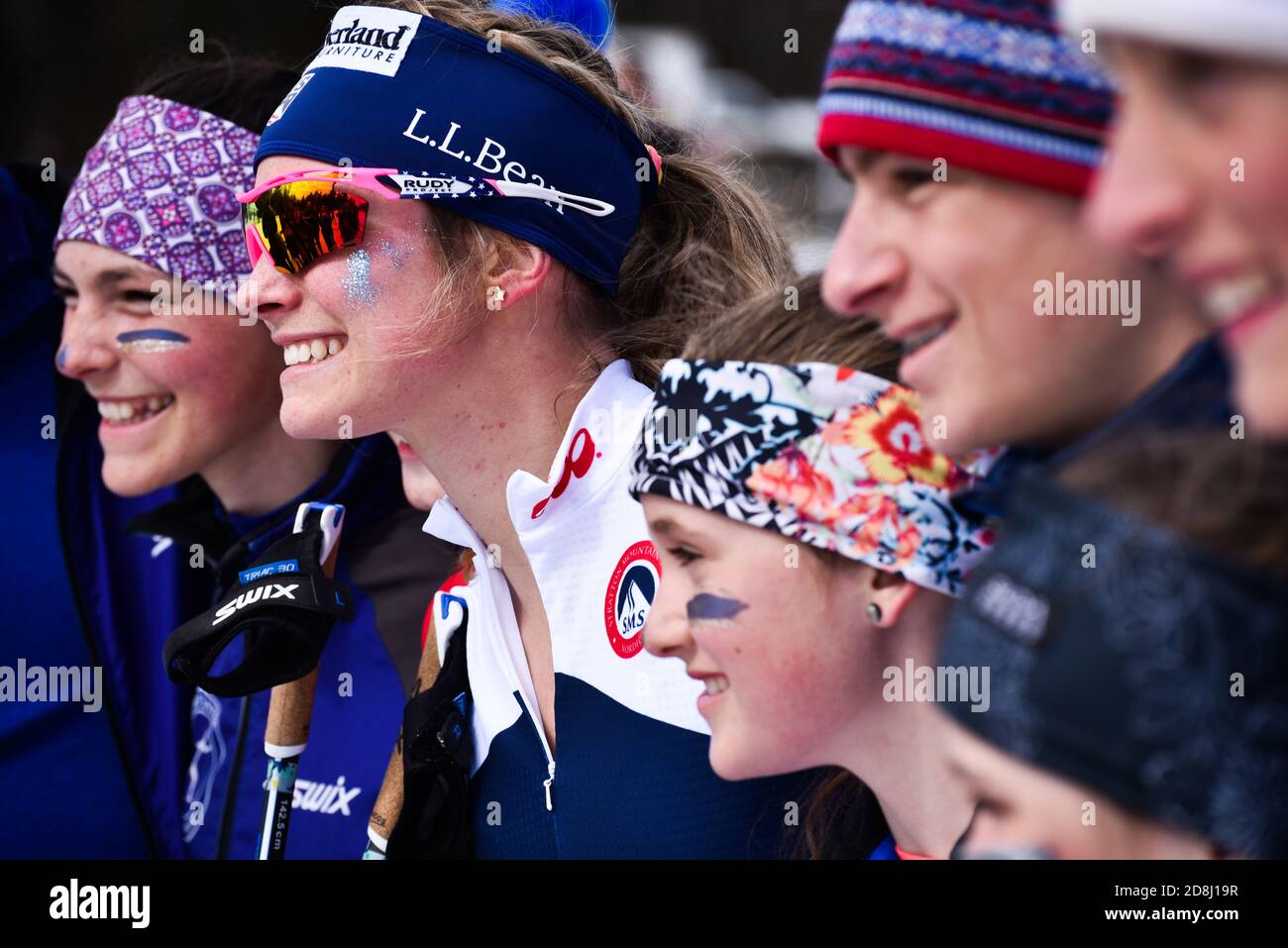 Jessie Diggins, winning relay team, Stratton Mt. School, US Super Tour finals 2018, Craftsbury, VT, Outdoor Center, USA. Stock Photo