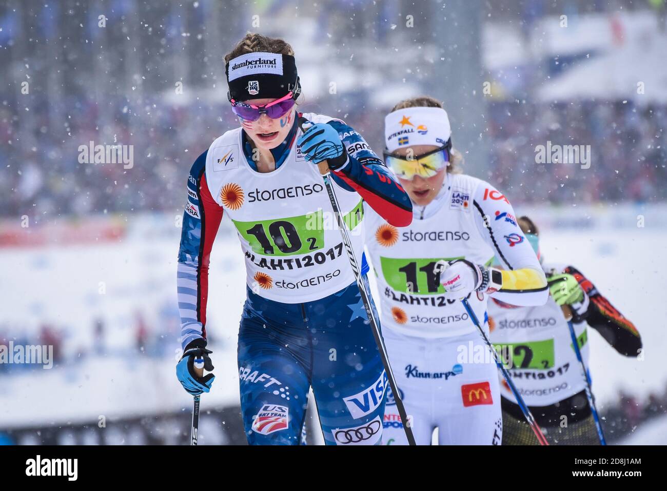 Jessie Diggins (USA), team sprint, Lahti 2017, followed by Stina Nilsson (SWE); Diggins beat Nilsson at finish to take third. Stock Photo