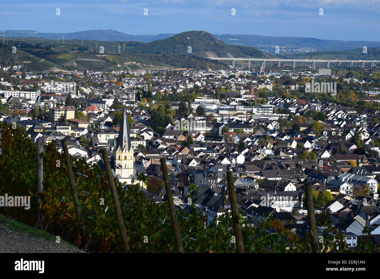 autumn landscape in the lower Ahr valley with colorful vineyards hills around Bad Neuenahr-Ahrweiler Stock Photo