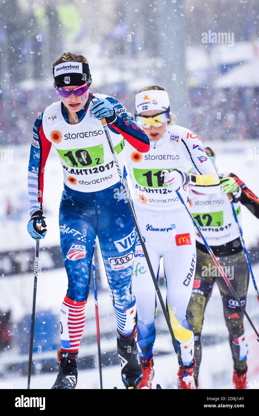 Jessie Diggins (USA), team sprint, Lahti 2017, followed by Stina Nilsson (SWE); Diggins beat Nilsson at finish to take third. Stock Photo