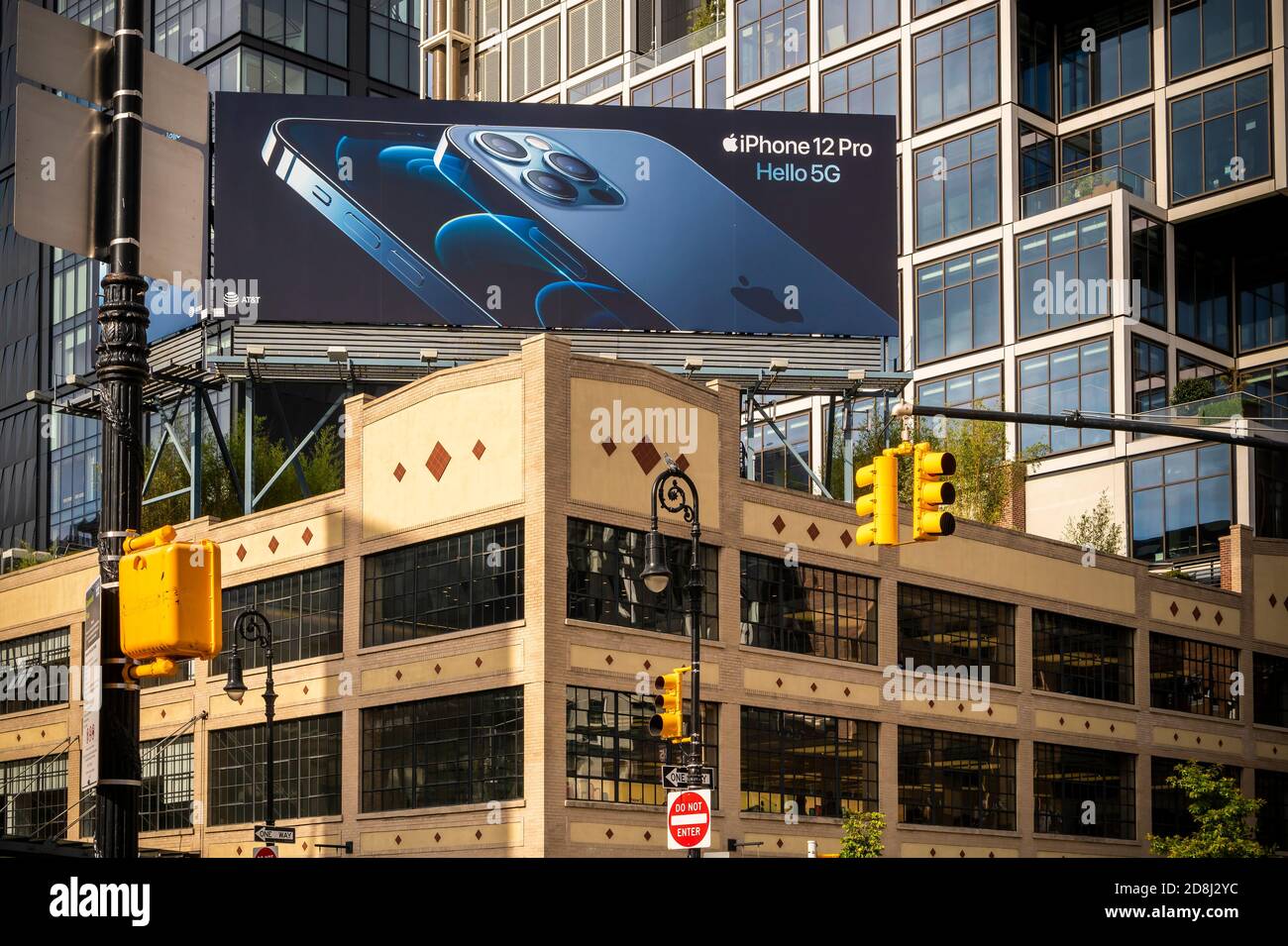 A billboard above the Apple store in the Meatpacking District of New York on Friday, October 23, 2020 the day the new iPhone 12 Pro goes on sale.   (© Richard B. Levine) Stock Photo