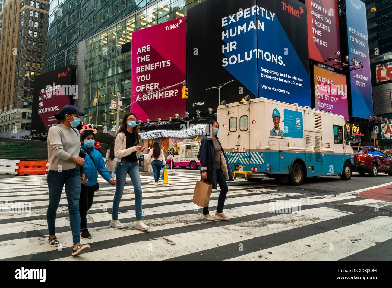 Advertising for TriNet cloud-based human resources outsourcing firm in Times Square in New York on Thursday, October 22, 2020.  (© Richard B. Levine) Stock Photo