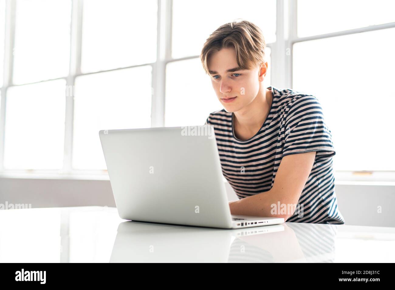 nice Teenage Boy Using Laptop At Home Stock Photo - Alamy