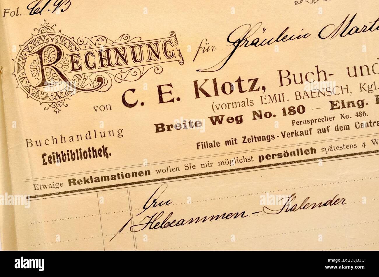German bookshop receipt from 1906 Stock Photo