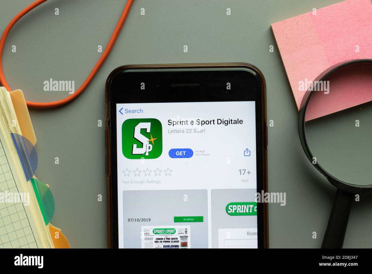 New York, USA - 26 October 2020: Sprint e Sport Digitale mobile app logo on phone screen close up, Illustrative Editorial Stock Photo