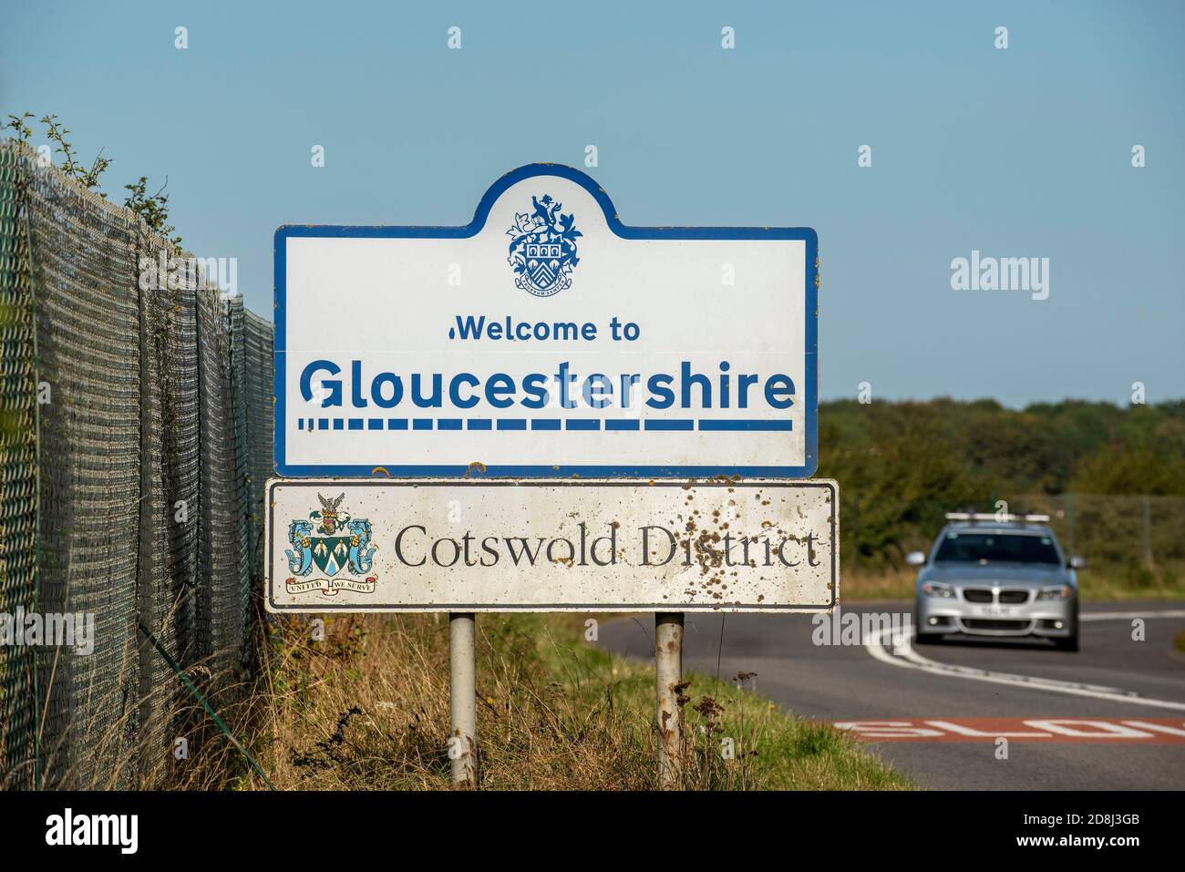 Kemble, Gloucestershire, England, UK. 2020. Road sign for the county