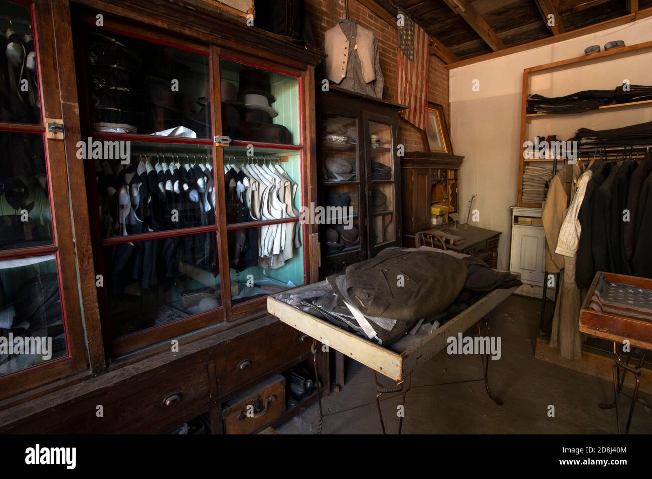 Historic clothing merchandise store pioneer town. National Historic Landmark District, historic gold mining town. Ghost town old west time period. Stock Photo